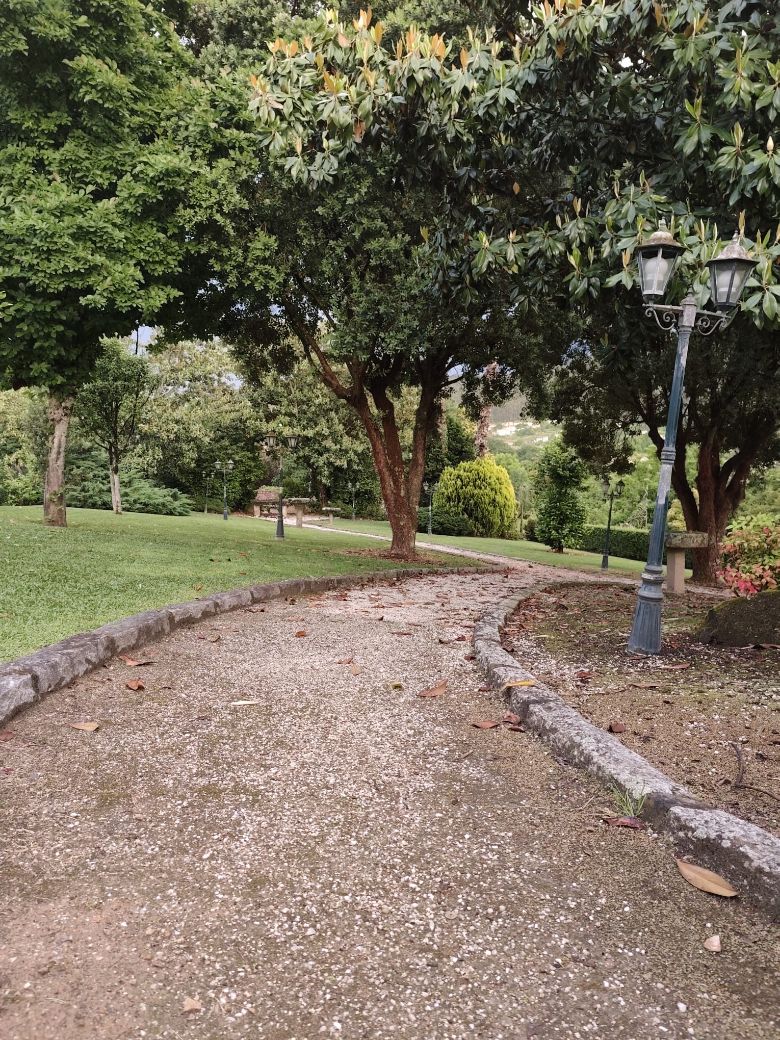 Caminho do jardim com candeeiro clássico e vegetação exuberante